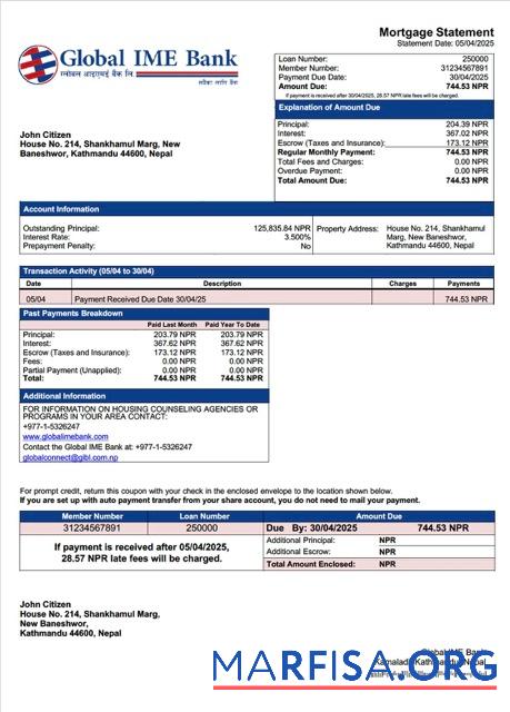 Blank Nepal Global IME Bank mortgage statement Word and PDF template